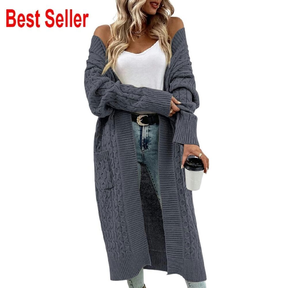 Cable Knit Long Cardigan Open Front Oversized Chunky Sweater Coats with Pockets